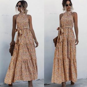 Boho floral print belted halter spring dress
